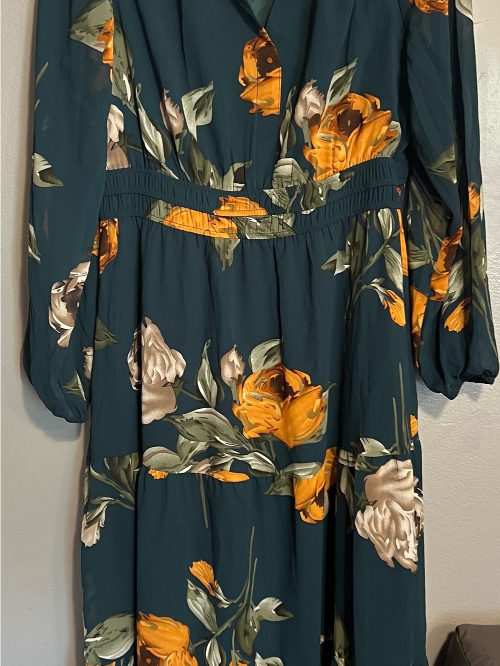 Simple Teal Maxi Dress with Yellow and Cream Floral Print